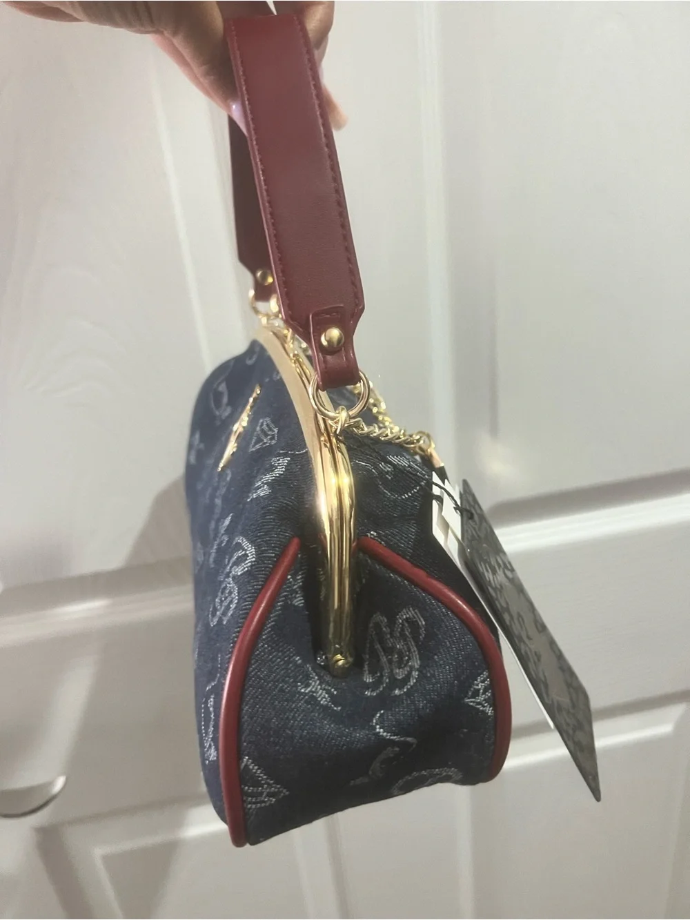 Baby Phat Black Monogram Kiss-Lock Clutch with Gold Chain and Burgundy Trim